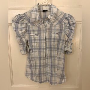 H&M puff sleeve plaid blouse, blue & white